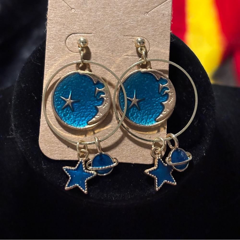 Vintage-Inspired Enamel Cosmic Moon Star Planet Ball-Post Back Earrings Blue